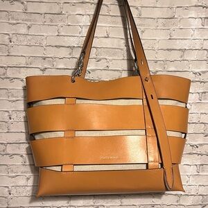 Rebecca Minkoff Tan Leather Structured Tote with Striped Design
